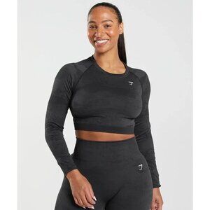 Gymshark Adapt Seamless Lace Up Back Cropped Long Sleeve Camo Top Black Women L